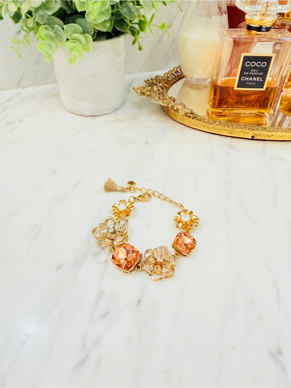 Gold Floral Crystal Bracelet - Peach Accents - Picture 4 of 11